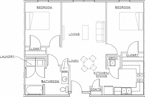Floor plan for 2 beds, 1 bath, 900 sqft